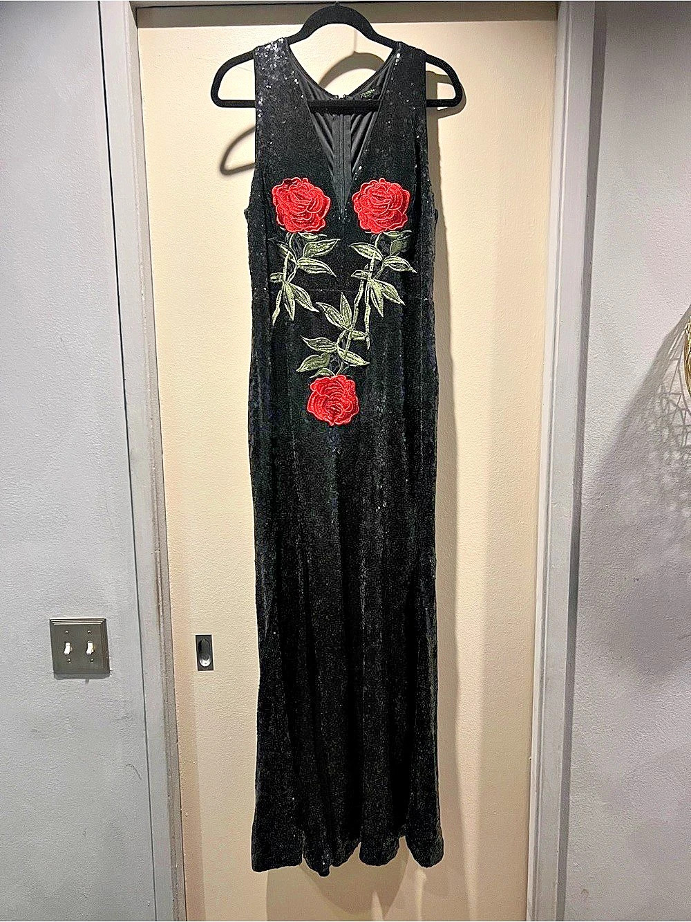 Karen Kane Sequin Floral Embroidered Maxi Dress in Black & Red